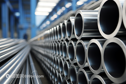 工廠倉庫中的鋼管堆積
